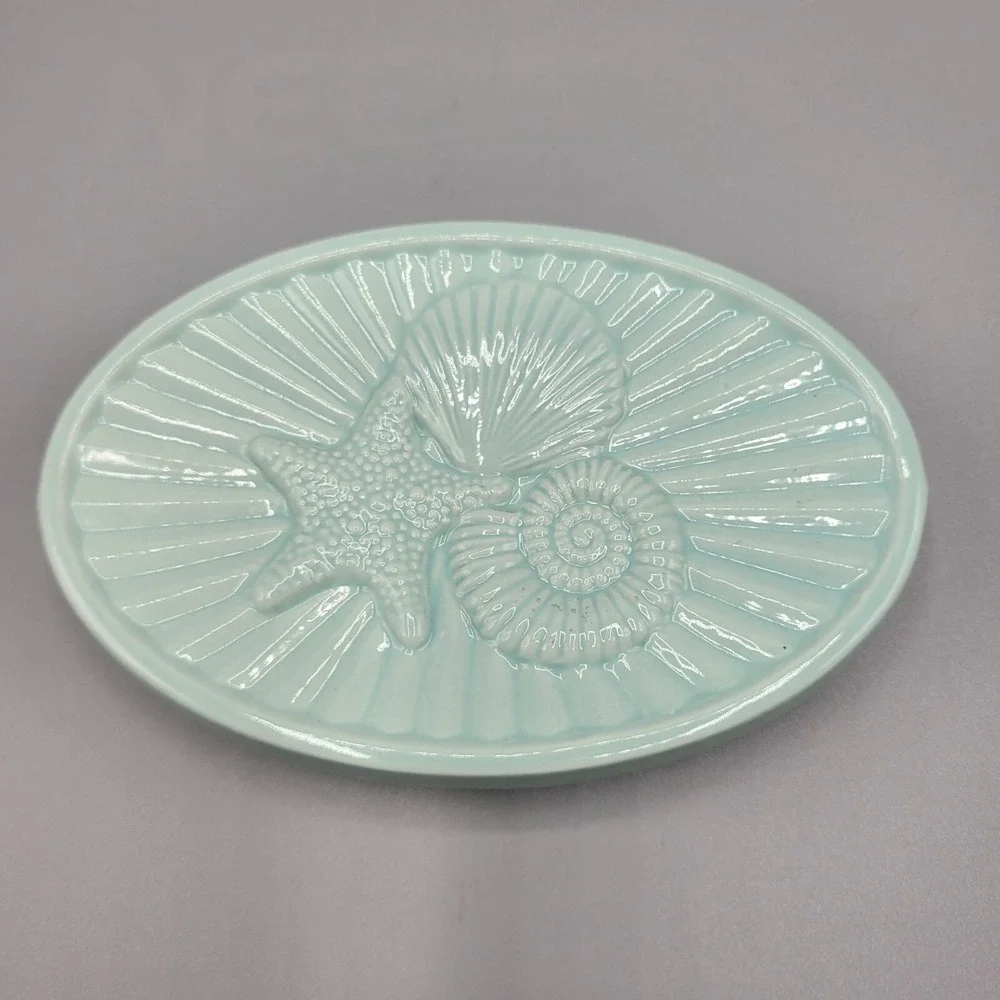 Ceramic Sea-Themed Soap Dish Oval Starfish Seashell Design Seafoam/Aqua